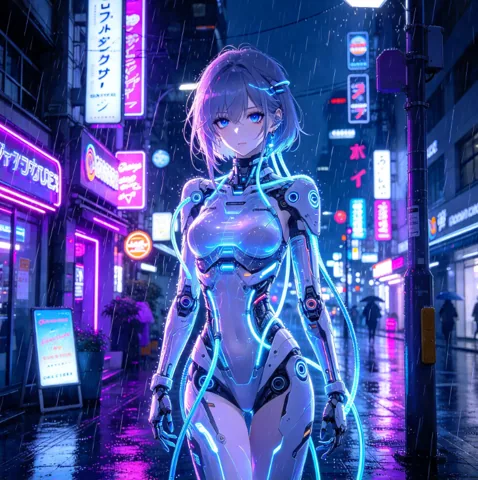 霓虹街头的赛博风人物插画